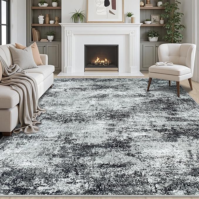 Area Rug 9x12 Washable Rugs: Abstract Large Living Room Rugs with Non-Slip Backing, Stain Resistant Indoor Floor Carpet for Bedroom Dining Room Table Nursery Hallway Home Office Dark Black/Gray