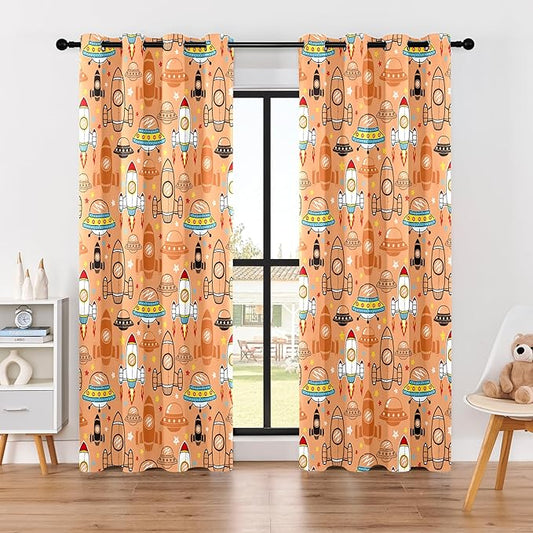 Kids Space UFO Rocket Blackout Curtains - 100% Blackout, Thermal Insulated, Noise Reducing, Perfect for Kids Room and Nursery, 2 Panels (Sunny Space Parade, W52×L84)