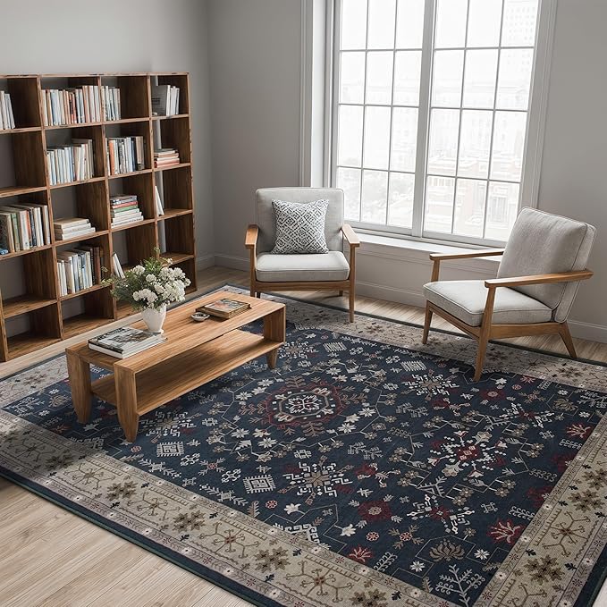 6x9 Washable Blue Area Rug for Living Room Bedroom, Boho Dining Room Rugs for Under Table, Large Low Pile Non-Slip Vintage Print Carpets for Farmhouse, Office, Dorm