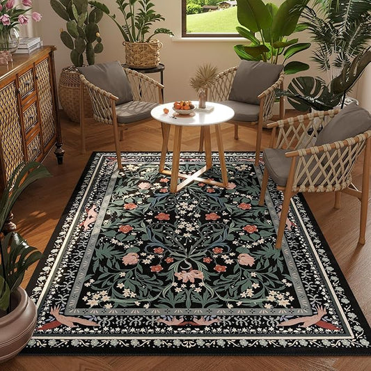 Area Rug 4x6 Rug Washable Vintage Floral Botanical Rugs Non Slip Low Pile Small Carpet for Bedroom, Bedside, Kids Room, Office, Dining Room, Black