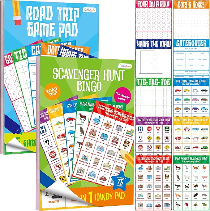 2 Pack Road Trip Game Pads, 10 Games (Categories, Dot & Boxes, Tic-tac-Toe, Scavenger Hunt Bingo), Pen Pencil Paper Game, Plane Trip/Car Travel/Getaway Activity Pad for Kid, Adult