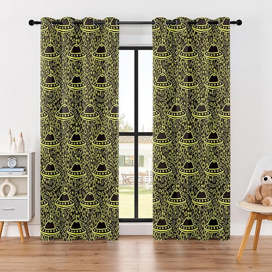 Kids Space Blackout Curtains - 100% Blackout, Thermal Insulated, Noise Reducing, UFO Design, Perfect for Kids Room and Nersury, 2 Panels (Neon UFO Night, W52×L84)