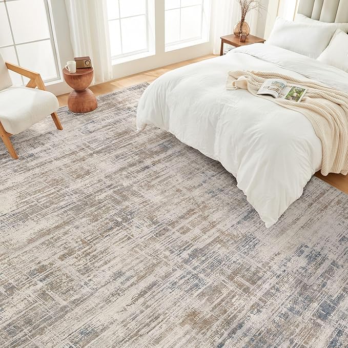 Area Rug for Living Room: 8x10 Washable Neutral Abstract Modern Soft Rugs Non Slip Indoor Floor Stain Resistant Large Carpet for Bedroom Dining Room Office Nursery - Brown