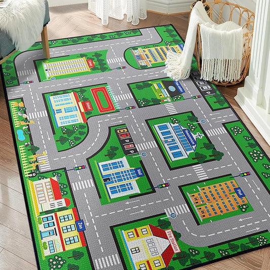 Fun Car Play Area Carpet Car Mat 3x4 Play Rug for Playroom Town City Road Map for Boys Bedroom Non-Slip Washable