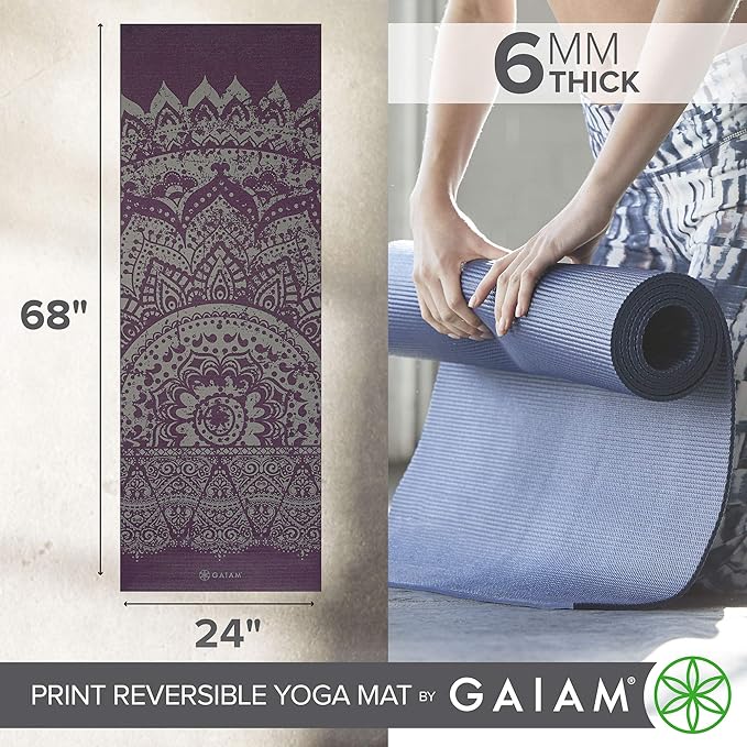 Gaiam Yoga Mat - Premium 6mm Print Reversible Extra Thick Non Slip Exercise & Fitness Mat for All Types of Yoga, Pilates & Floor Workouts (68" x 24" x 6mm Thick)
