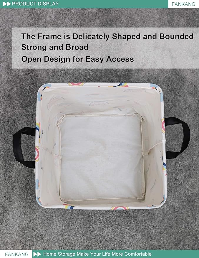FANKANG Square Nursery Hamper Storage Bins Canvas Laundry Basket Foldable with Waterproof PE Coating Storage Baskets Gift Baskets for Children, Office, Bedroom, Clothes（Square-Love Rainbow ）