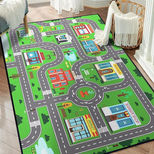 Kids Carpet Playmat Rug for Playroom 5'x 6'6" Toy Car Play Rugs for Bedroom Kids Toy Cars Carpet City Pretend Play Non-Slip Washable
