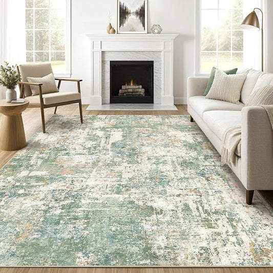 Area Rugs 9x12 Living Room: Washable Large Abstract Soft Green Rug Stain Resistant Indoor Floor Non-Slip Accent Carpet for Men Modern Home Enthusiasts Aged 25-45 - Bedroom Office Playroom