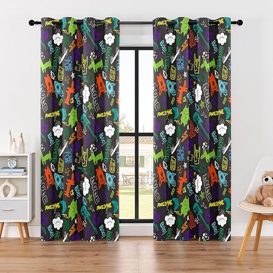 Kids Teen Graffiti Space Blackout Curtains - 100% Blackout, Thermal Insulated, Noise Reducing, Perfect for Kids Room and Nursery, 2 Panels (Graffiti Space Vibes, W52×L84)
