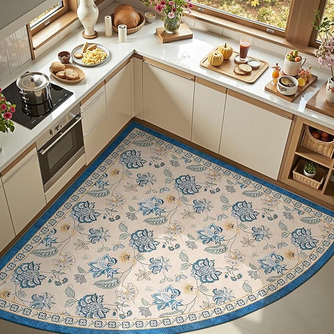 jinchan Floral Corner Rug for Living Room Washable Bedroom Rug Vintage Romance Design Non Slip Quarter Circle Lightweight Low-Pile Throw Carpet for Reading Nook Playroom,6ft Radius, Blue/Beige