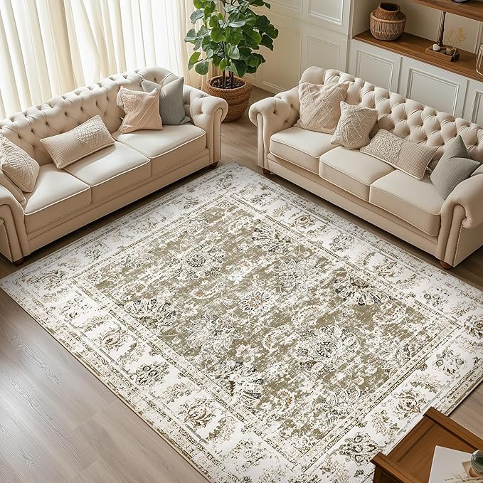 jinchan 9x12 Area Rugs for Living Room - Machine Washable Vintage Floral Distressed Design Stain Resistant Carpet Low Pile Non-Slip Large Rug for Bedroom Dining Room Home Office (9‘x12',Taupe)