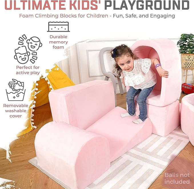 Foam Climbing Blocks for Toddlers 1-3 - Climb and Crawl Activity Playset - Indoor Activity Play Structure for Toddlers - Foam Soft Play Set for Babies - 5 PCS - Balls NOT Included - Pink