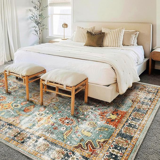 Area Rug 10'x14' Washable Vintage Traditional Mat Distressed Indoor Foldable Thin Retro Accent Floral Print Non Slip Carpet for Living Room Dining Room Office