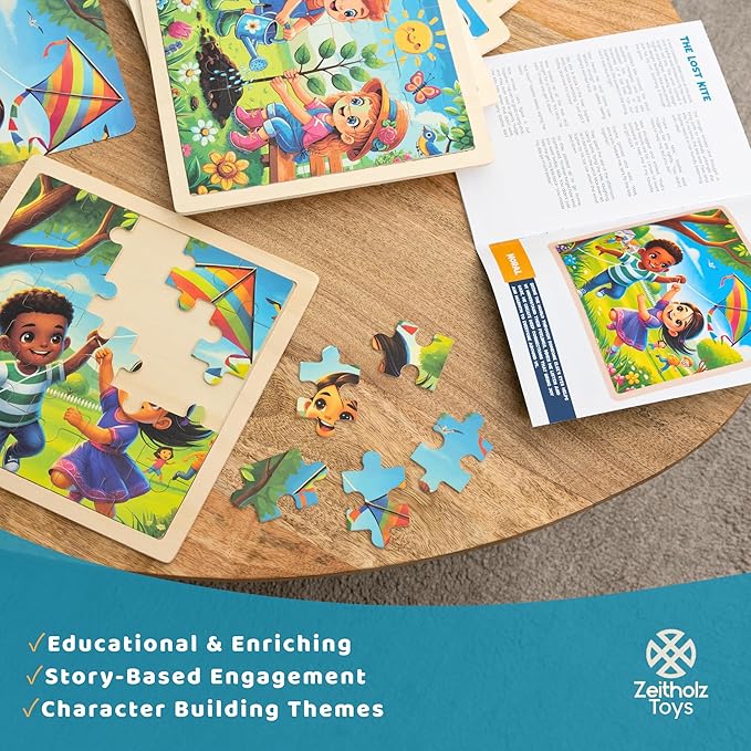 6 Educational Wooden Puzzles & Storybook, Teaches Kindness, Empathy & More – 6 in 1 Jigsaw Puzzle for Kids Ages 3-7 – Learn Real Values Through Stories – Montessori Puzzle Set 25 Pieces