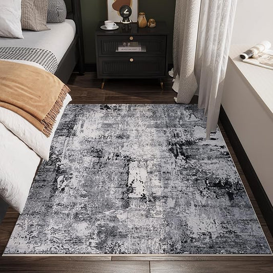 3x5 Rug Washable Boho Rug Soft Area Rug Abstract Pattern Non-Slip Non-Shedding Faux Wool Vintage Rug for Bedside, Bedroom Rug, Kitchen, Floor, Indoor, Laundry, Grey and Black