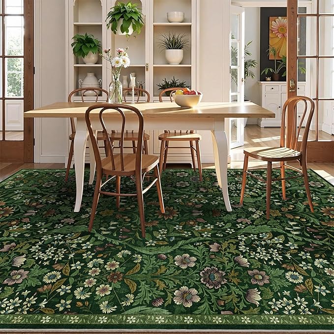 5×7 Dark Green Washable Floral Area Rug,Vintage Boho Soft Low-Pile Living Room Rugs, Stain Resistant Botanical Non-Slip Carpet for Bedroom,Dining Room, Kids Nursery,Home Decor